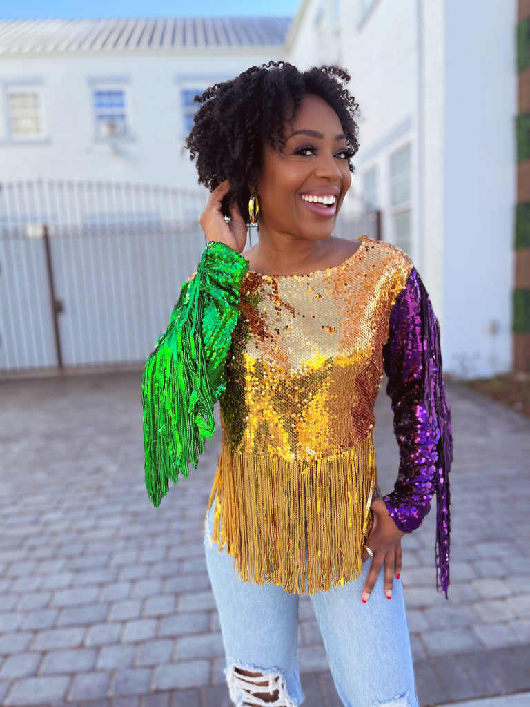 Mardi Gras Fringe Detailed Sequins Crop Top - Bloom and Company